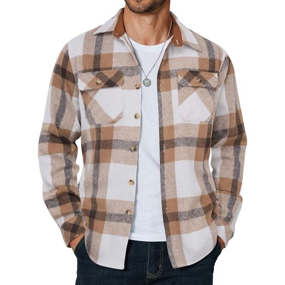 Coofandy Men Light Khaki Flannel Plaid Button Down Jacket Shirt with Pockets - Picture 1 of 5